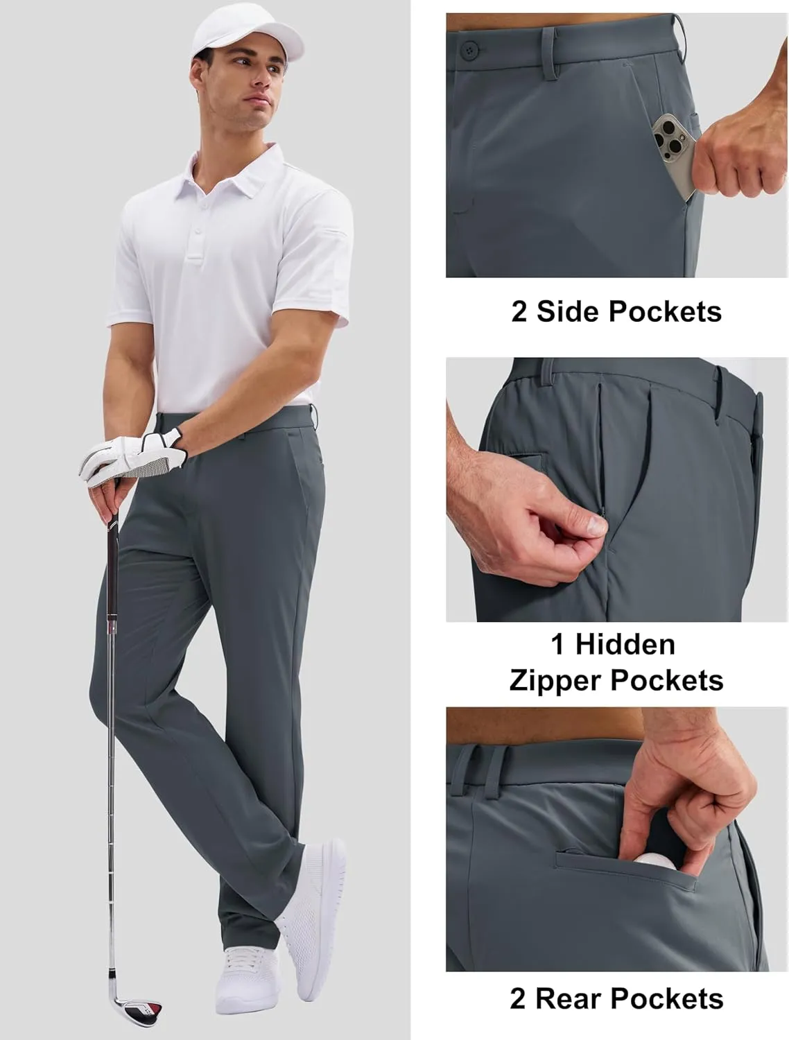 MAGCOMSEN Men's Golf Pants Classic Fit - 30"/32"/34" Stretch Water Resistant Quick Dry Flat Front Dress Pants with 5 Pockets