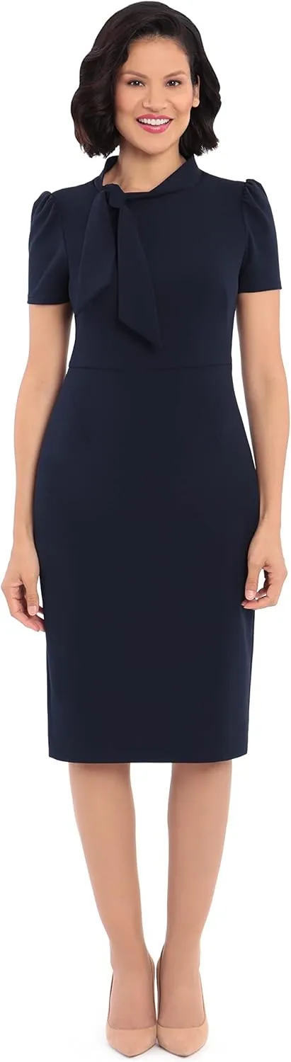 Maggy London Women's Midi Short Sleeve Sheath with Neck Tie Career Office Work Wear