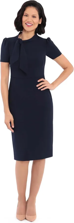 Maggy London Women's Midi Short Sleeve Sheath with Neck Tie Career Office Work Wear