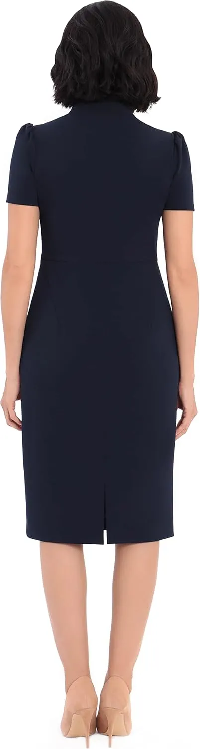 Maggy London Women's Midi Short Sleeve Sheath with Neck Tie Career Office Work Wear