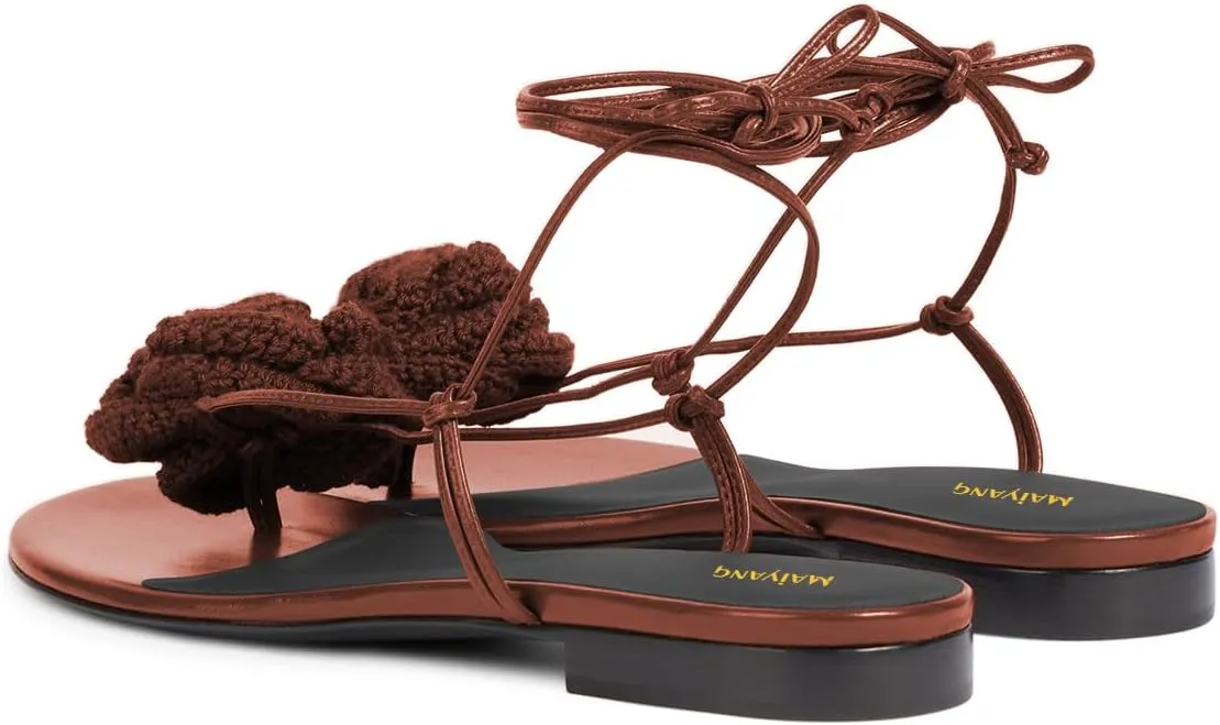 Maiyang Women Lovely Braided Flower Open Toe Strappy Flat Sandals Tie up Ankle Strap Summer Beach Vacation Casual Shoes Size 4-16 US
