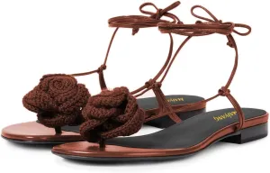 Maiyang Women Lovely Braided Flower Open Toe Strappy Flat Sandals Tie up Ankle Strap Summer Beach Vacation Casual Shoes Size 4-16 US