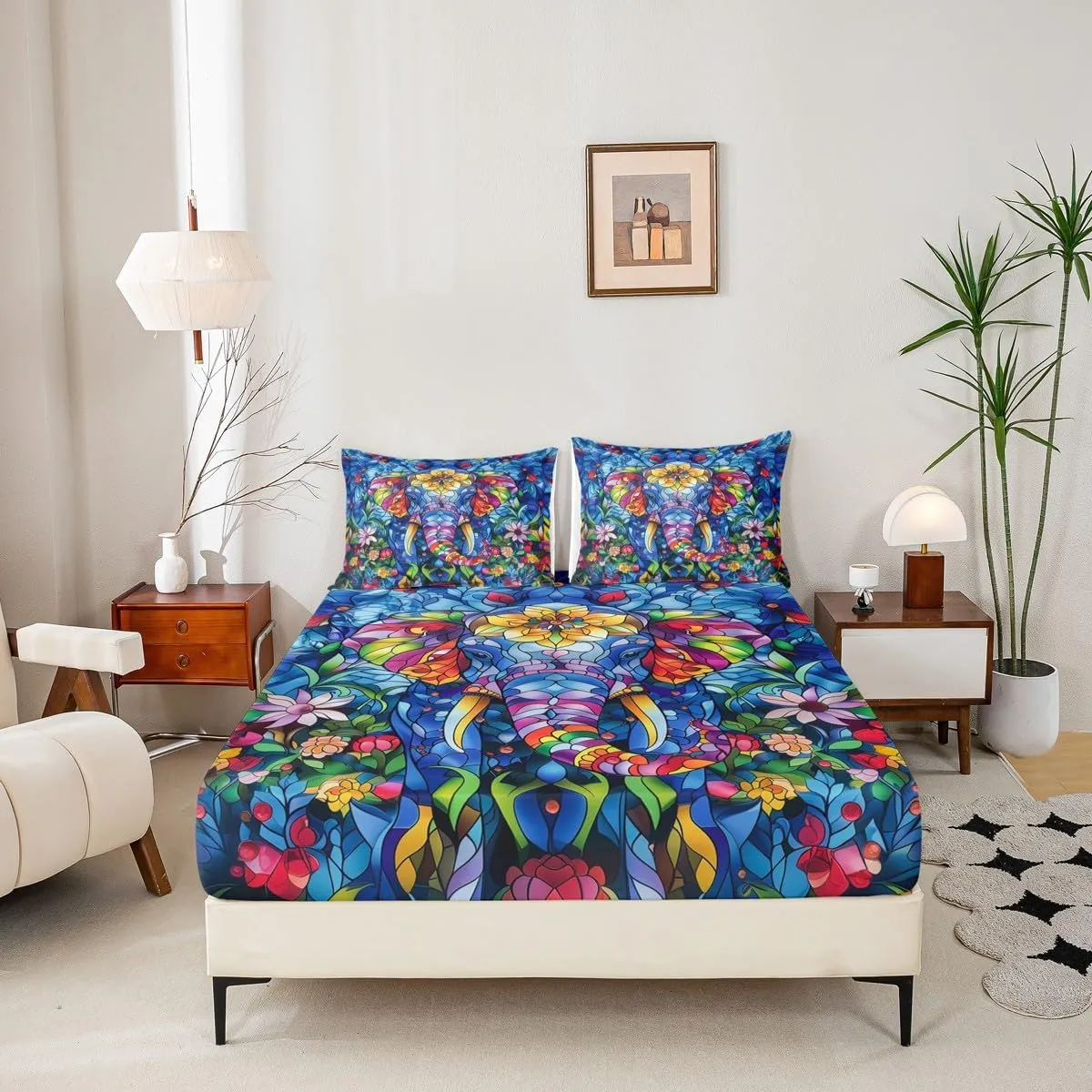 Manfei Elephant Bed Sheet 4 Piece,Bohemian Style Artistic Sheets Full Size Bed Set,Watercolor Flowers Bedding Set with Flat,Fitted Sheet,2 Pillow Cases
