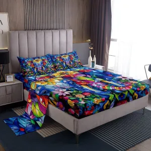 Manfei Elephant Bed Sheet 4 Piece,Bohemian Style Artistic Sheets Full Size Bed Set,Watercolor Flowers Bedding Set with Flat,Fitted Sheet,2 Pillow Cases
