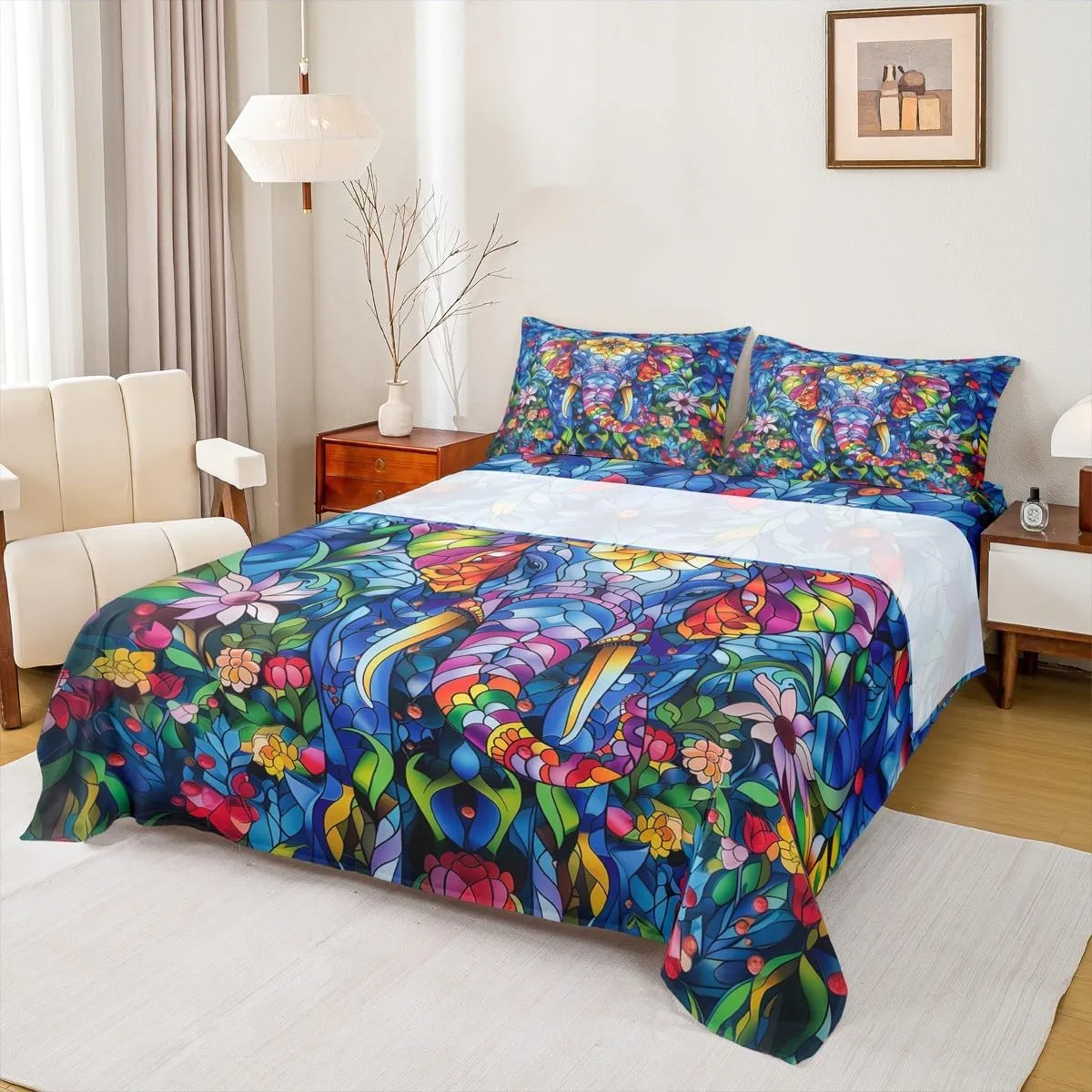 Manfei Elephant Bed Sheet 4 Piece,Bohemian Style Artistic Sheets Full Size Bed Set,Watercolor Flowers Bedding Set with Flat,Fitted Sheet,2 Pillow Cases