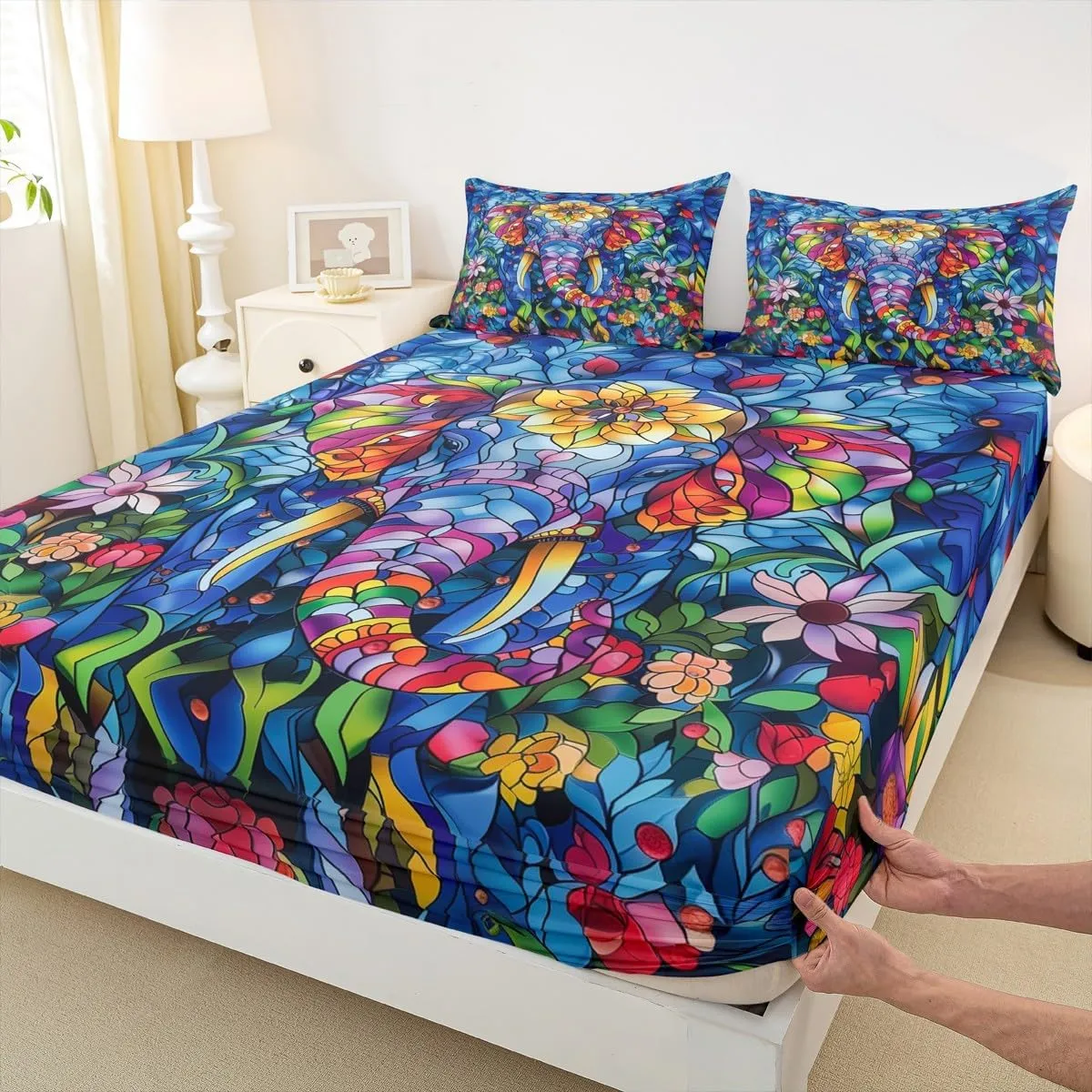 Manfei Elephant Bed Sheet 4 Piece,Bohemian Style Artistic Sheets Full Size Bed Set,Watercolor Flowers Bedding Set with Flat,Fitted Sheet,2 Pillow Cases