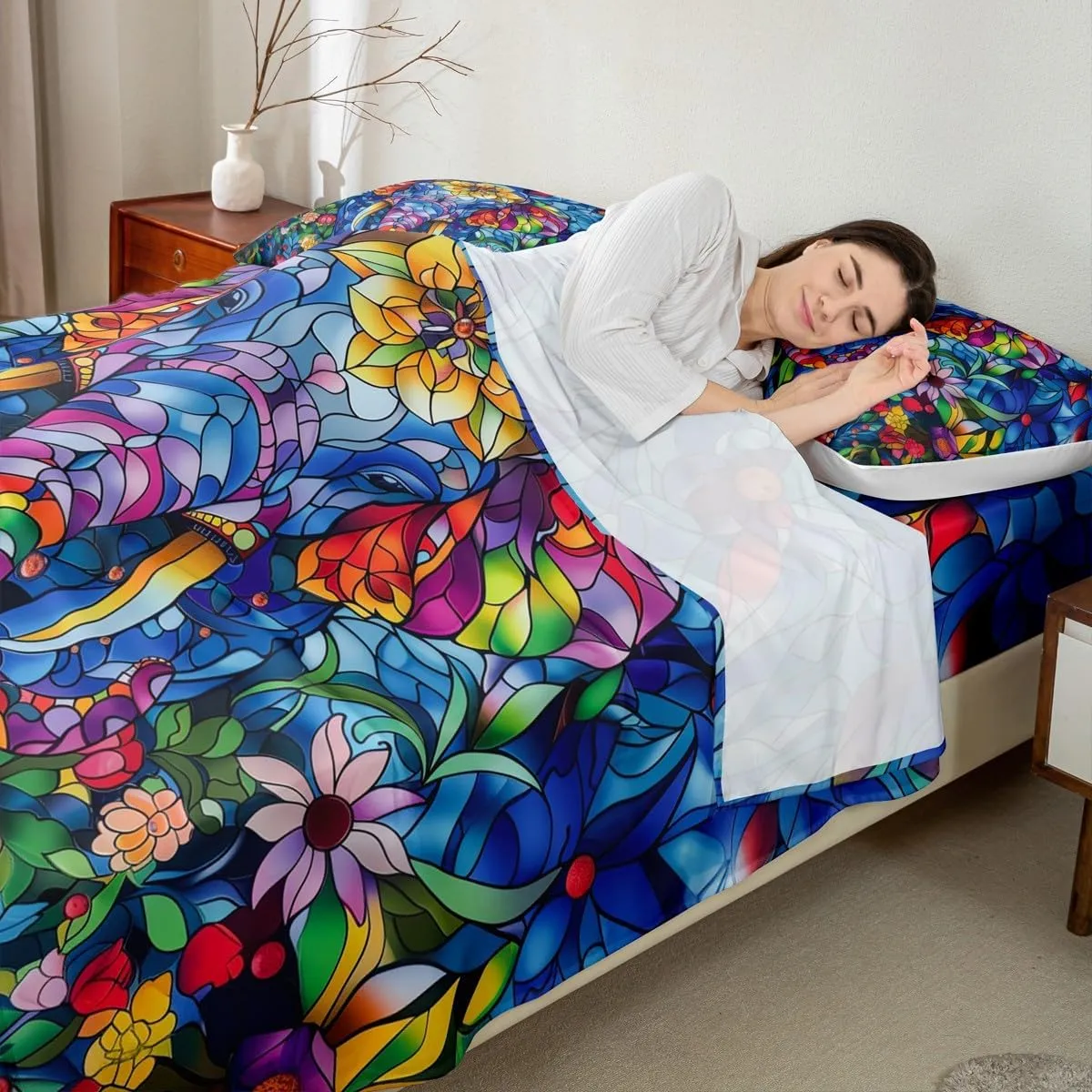 Manfei Elephant Bed Sheet 4 Piece,Bohemian Style Artistic Sheets Full Size Bed Set,Watercolor Flowers Bedding Set with Flat,Fitted Sheet,2 Pillow Cases