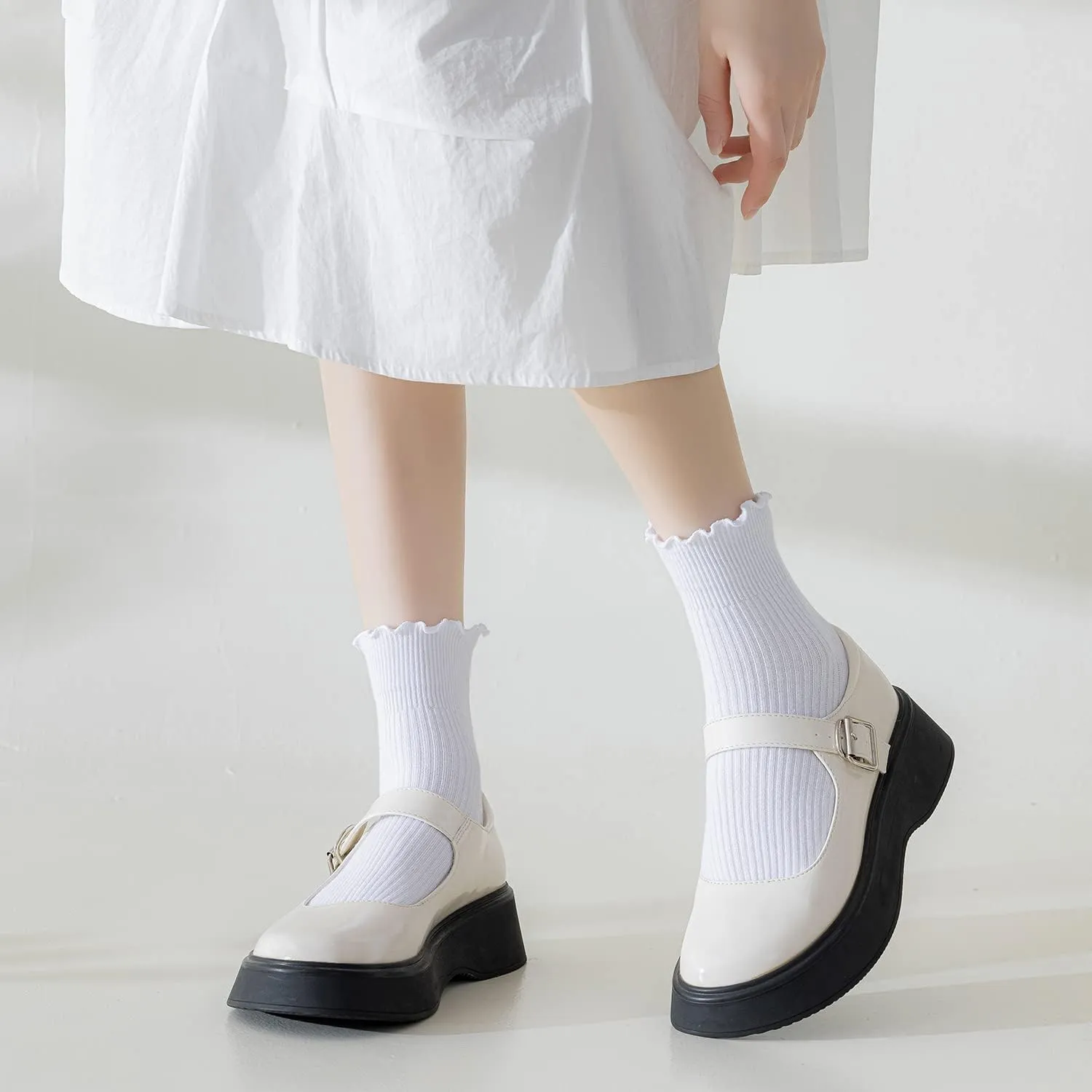Mcool Mary 10 Pairs Womens Ruffle Socks,Casual Cute Ankle Socks Comfy Breathable Cool Knit Cotton Crew Frilly Sock for Women