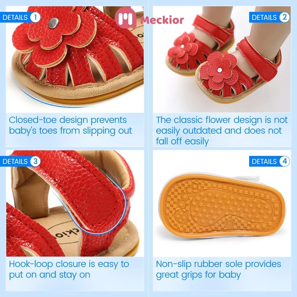 Meckior Baby Toddler Infant Girls PU Leather Soft Open Toe Summer Sandals Flower Princess Flat Shoes