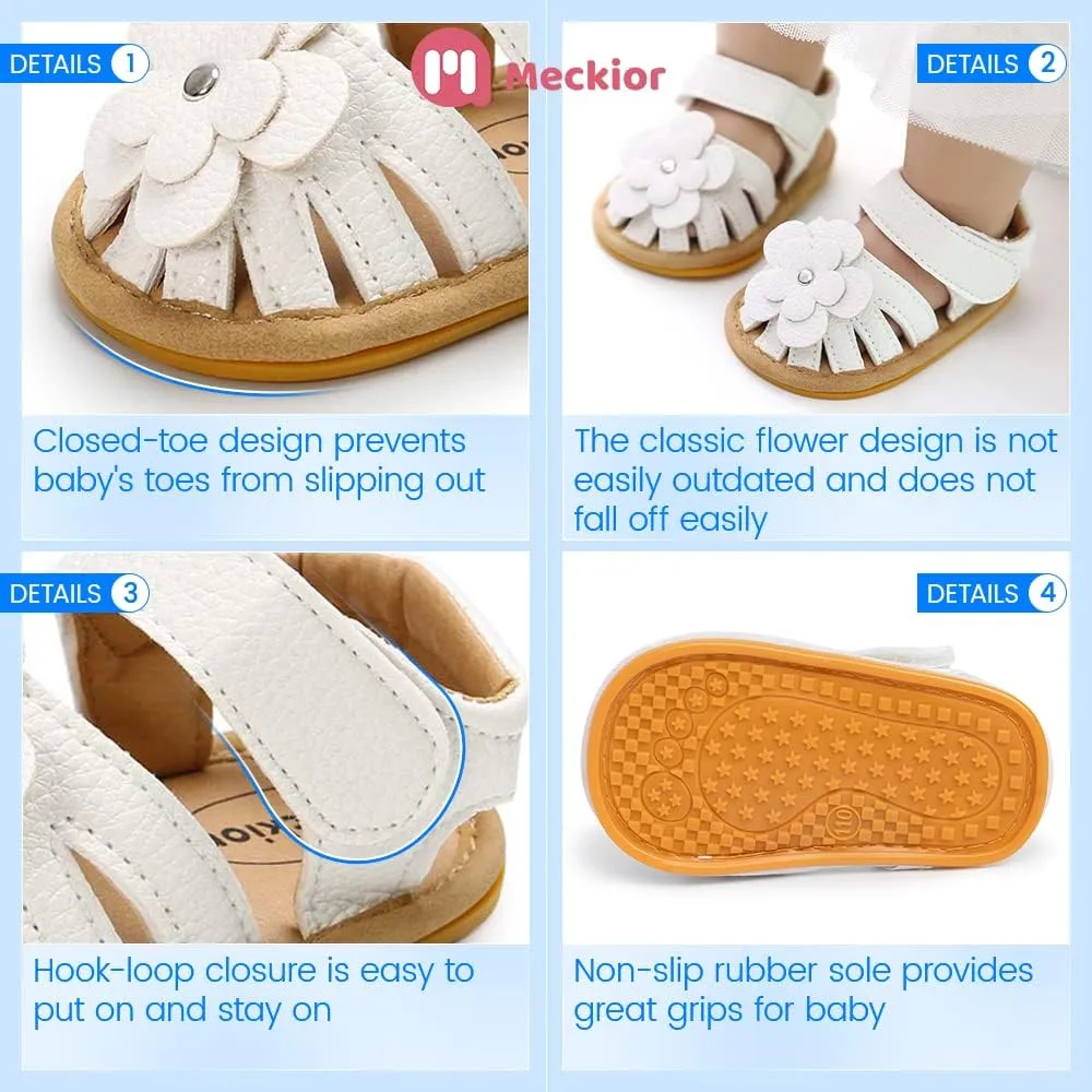 Meckior Baby Toddler Infant Girls PU Leather Soft Open Toe Summer Sandals Flower Princess Flat Shoes