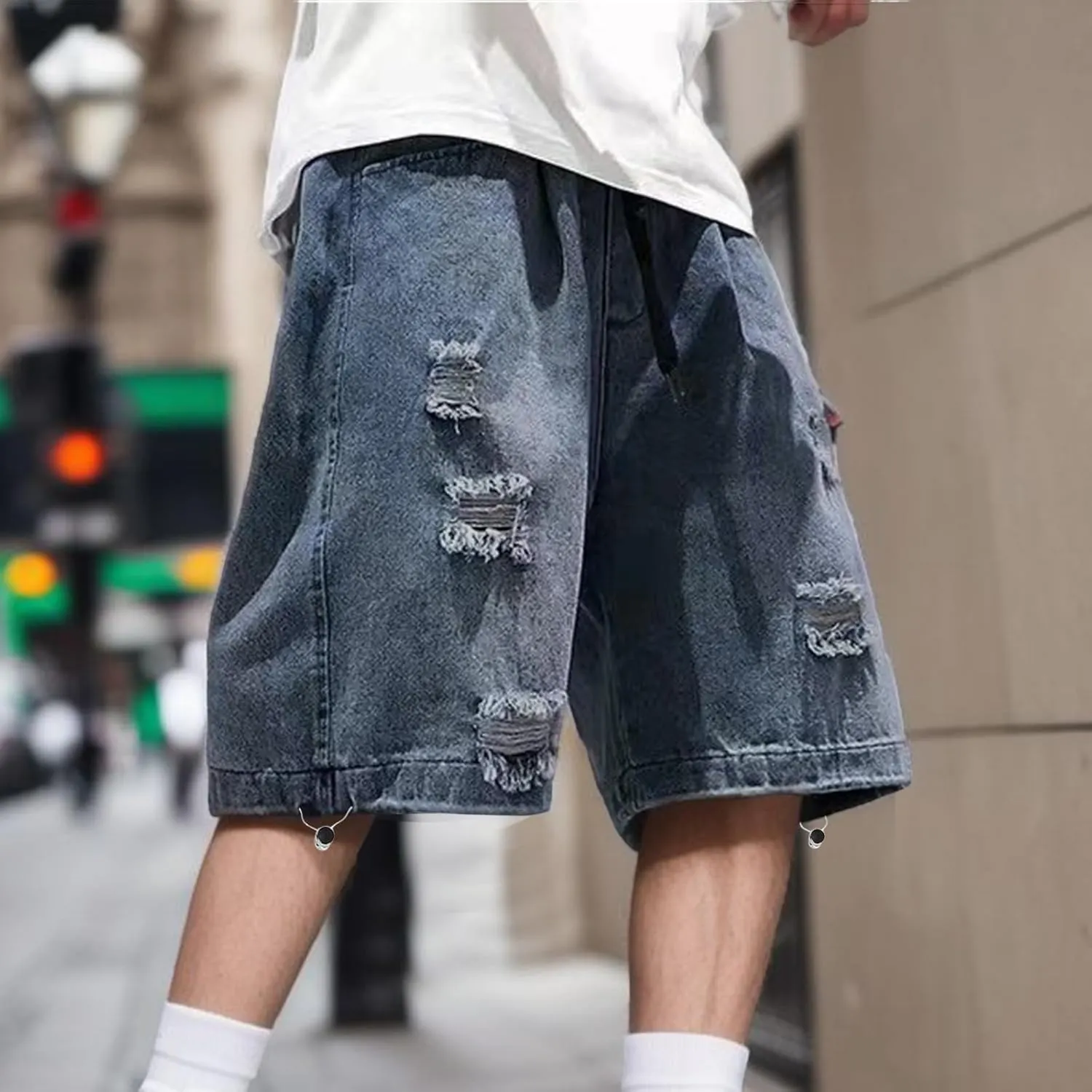 Men Loose Denim Shorts Baggy Casual Wide Leg Long Jean Jorts Hip Hop Shorts 2025 Trendy Streetwear