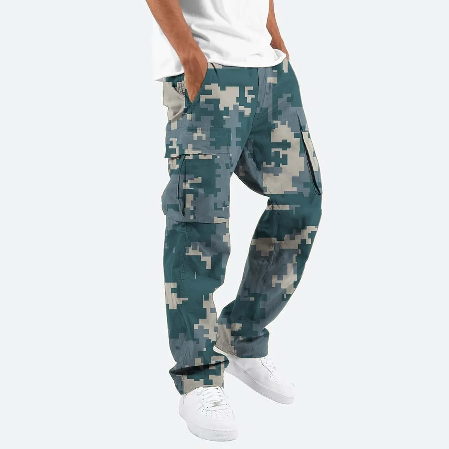 Men's Camo Cargo Pants Summer Training Workout Running Sweatpants Loose Fit Elastic Waist Wide Leg Pants with Pockets