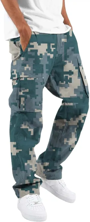 Men's Camo Cargo Pants Summer Training Workout Running Sweatpants Loose Fit Elastic Waist Wide Leg Pants with Pockets