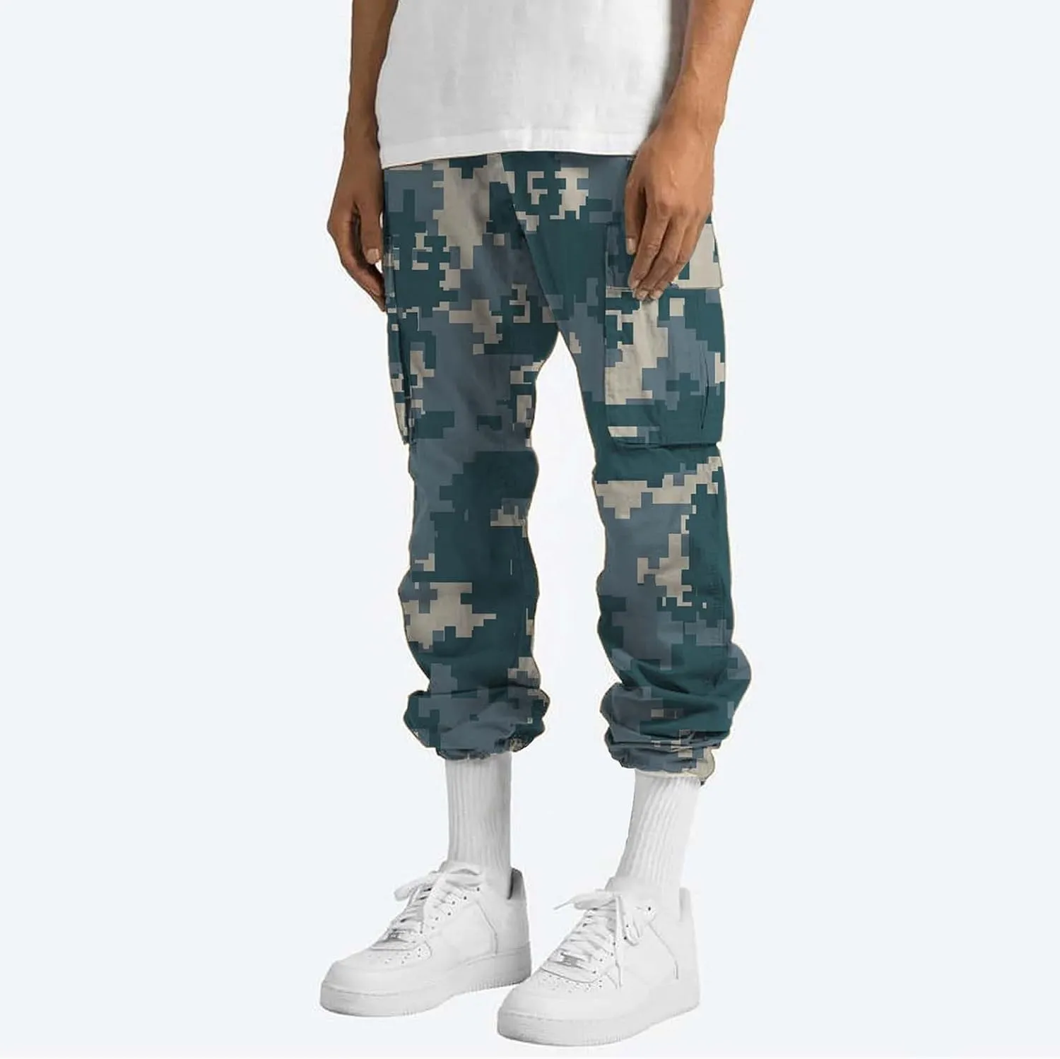 Men's Camo Cargo Pants Summer Training Workout Running Sweatpants Loose Fit Elastic Waist Wide Leg Pants with Pockets