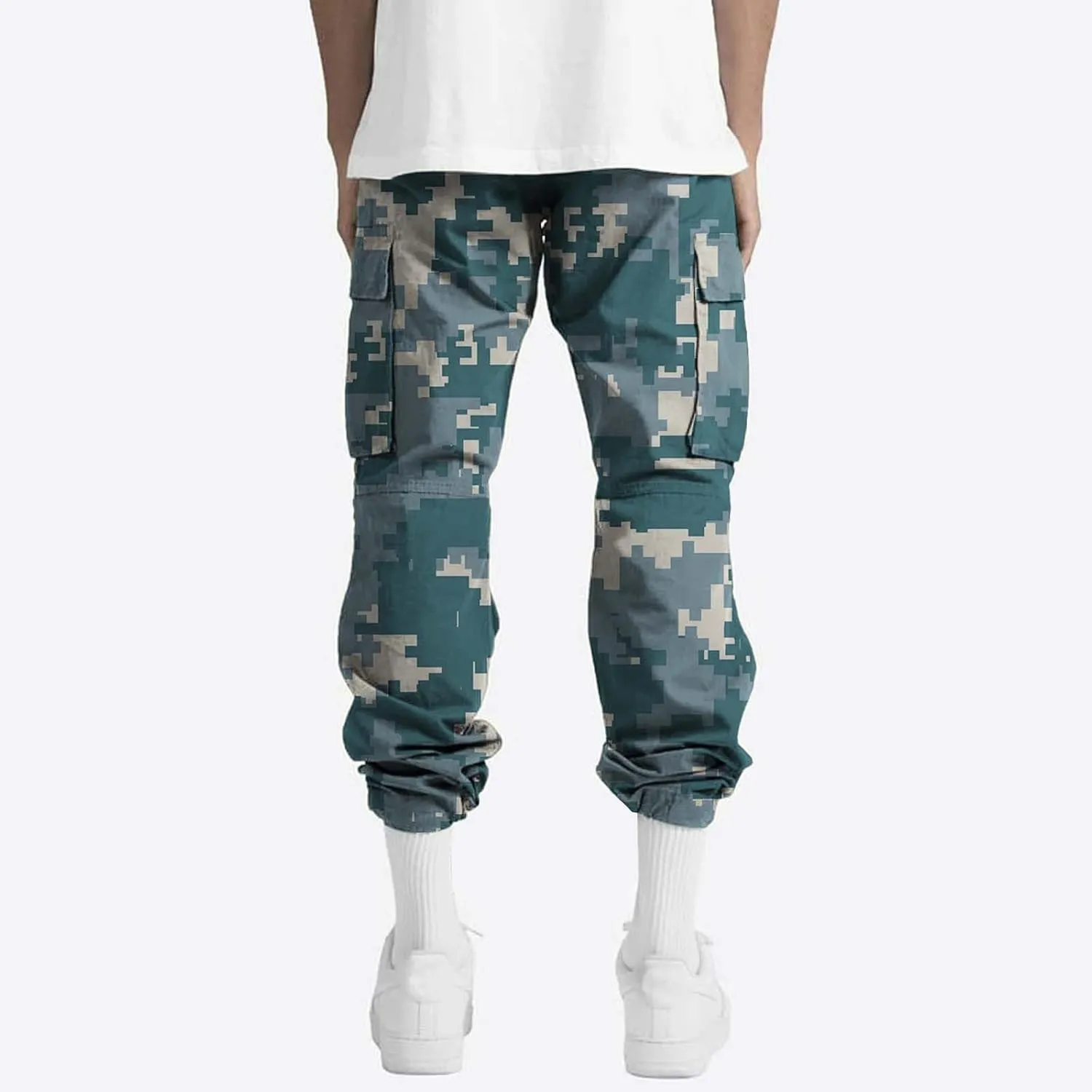 Men's Camo Cargo Pants Summer Training Workout Running Sweatpants Loose Fit Elastic Waist Wide Leg Pants with Pockets