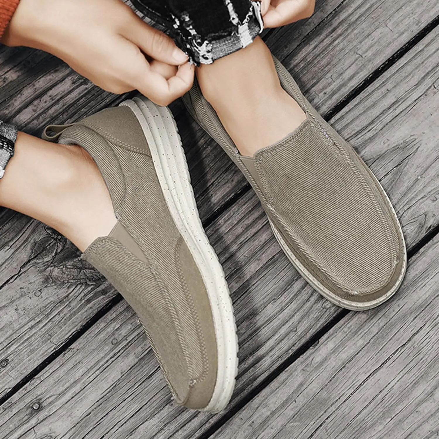 Mens Canvas Slip On Loafers Lightweight Comfy Business Driving Boat Shoes Casual Outdoor Breathable Non-Slip Flat Walking Shoes