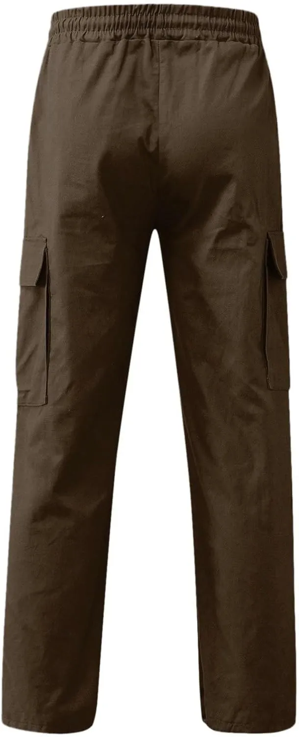 Men's Cargo Combat Pants Casual Linen Stretch Elastic Waist Pant Sweatpants Joggers Loose Gym Yoga Jogging