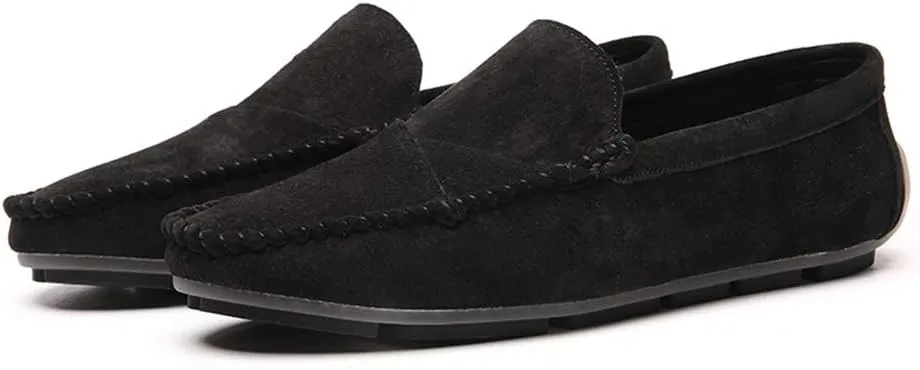 Men's Classic Moccasin Soft Comfort Suede Loafers British Minimalist Flat Driving Slip On Shoes Black 10.5 Men US 10.83''Heel to Toe