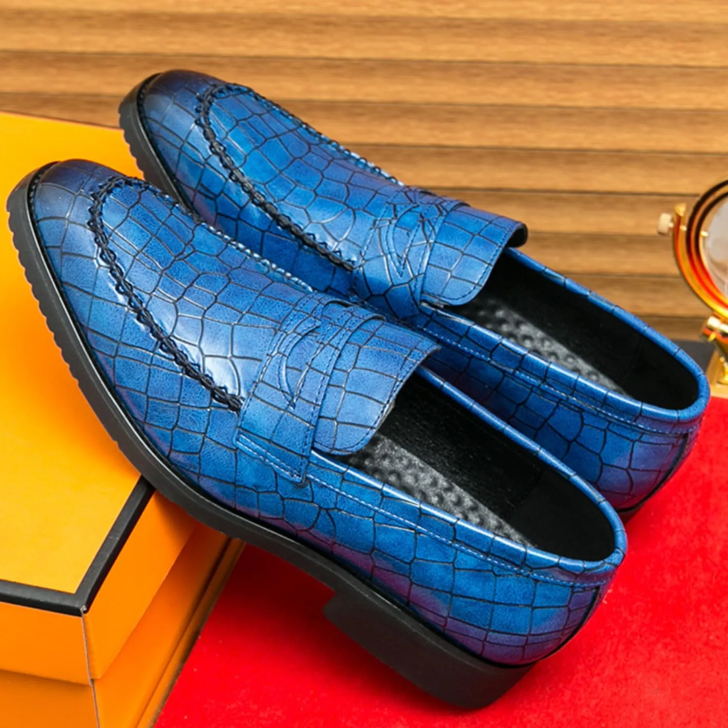 Men's Classic Penny Loafers Leather Slip-On Dress Shoes Crocodile Pattern Fashion Casual Party Formal Shoes