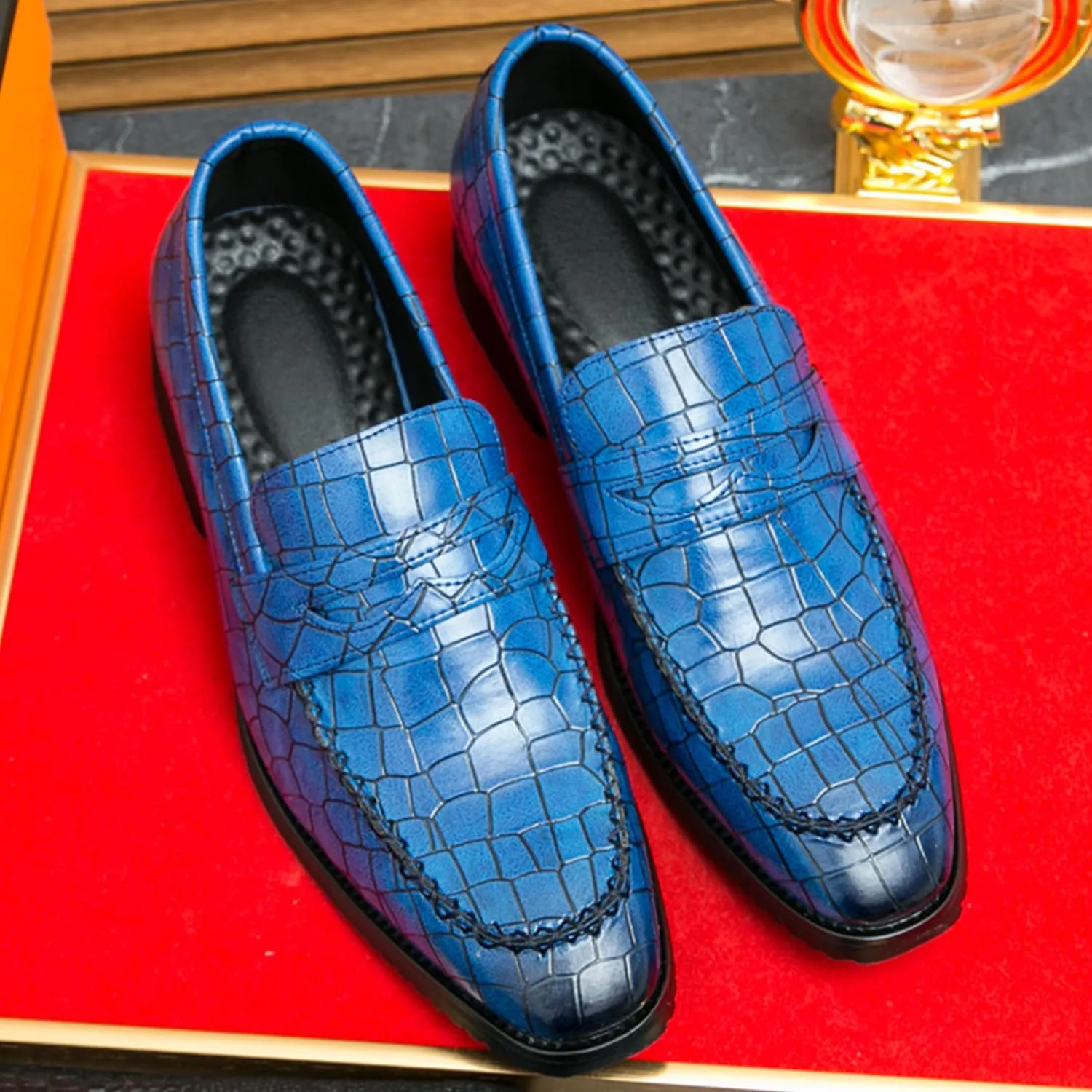 Men's Classic Penny Loafers Leather Slip-On Dress Shoes Crocodile Pattern Fashion Casual Party Formal Shoes