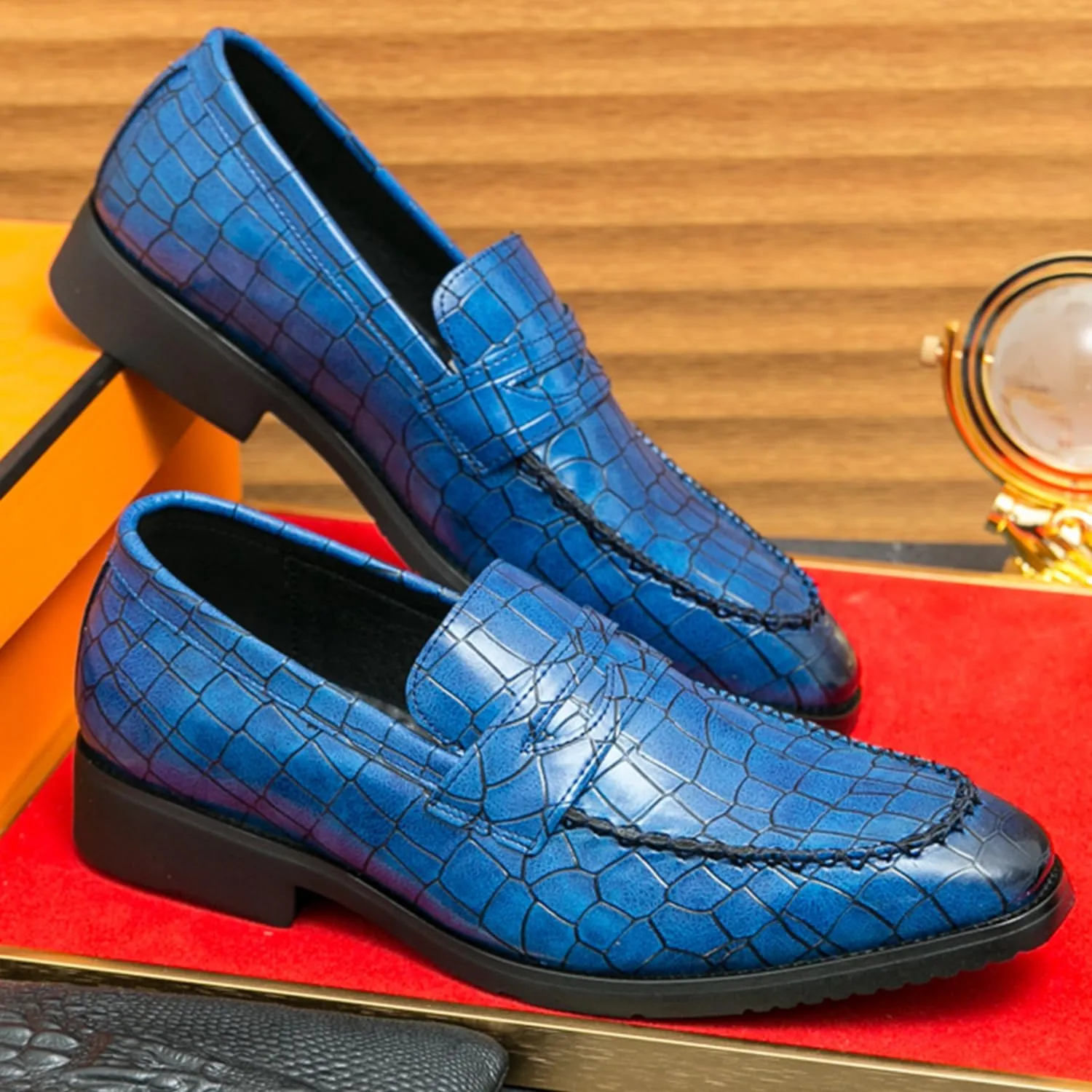 Men's Classic Penny Loafers Leather Slip-On Dress Shoes Crocodile Pattern Fashion Casual Party Formal Shoes
