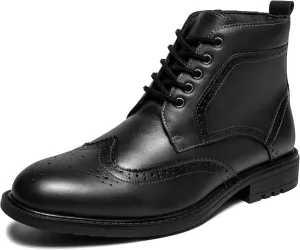 Mens Fashion Dress Boots - Black Genuine Leather Classic Brogue Style Oxford Ankle Boots