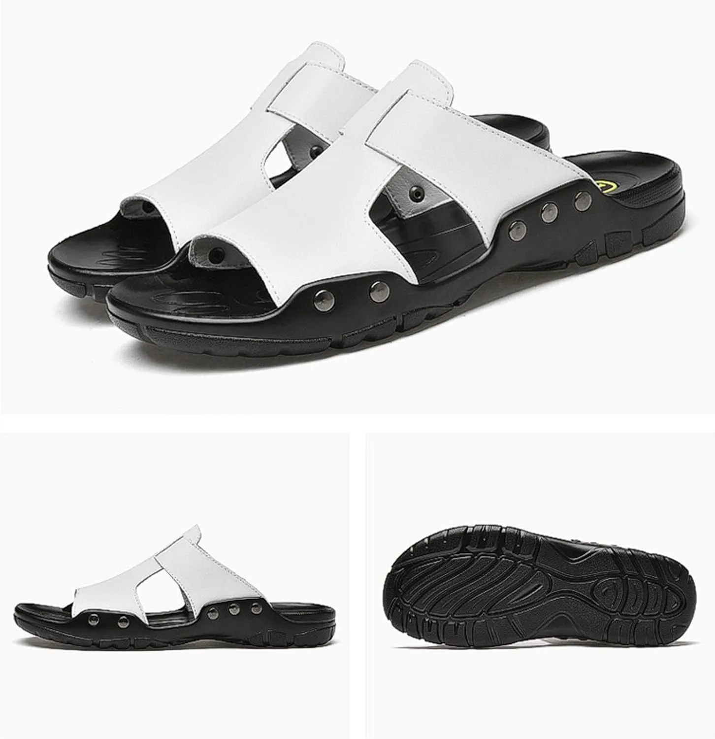 Men's Genuine Leather Rivet Slip On Flat Sandals Classic Retro Round Open Toe Slip On Soft Sole Male Sandals Summer Casual Dressy Sandals