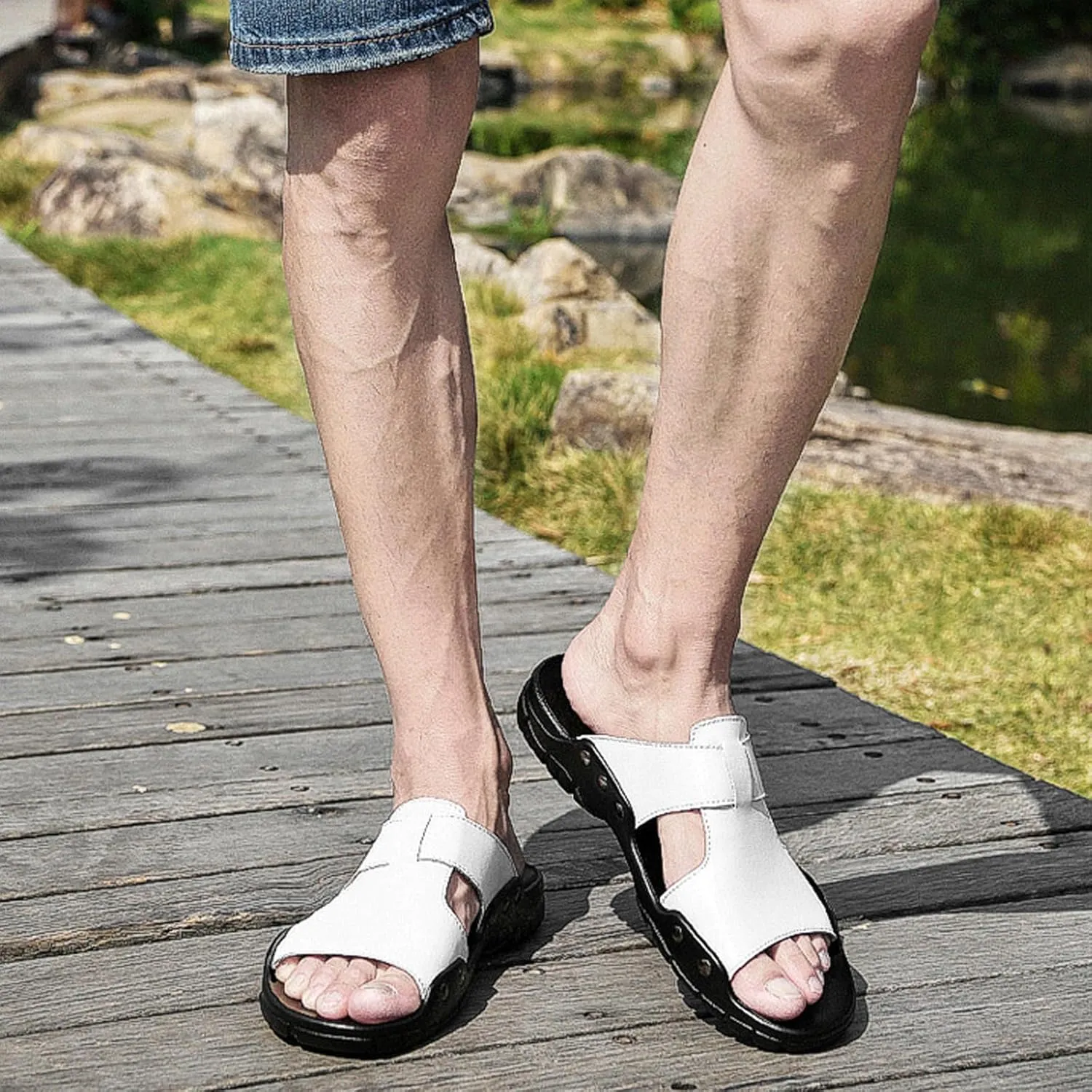 Men's Genuine Leather Rivet Slip On Flat Sandals Classic Retro Round Open Toe Slip On Soft Sole Male Sandals Summer Casual Dressy Sandals