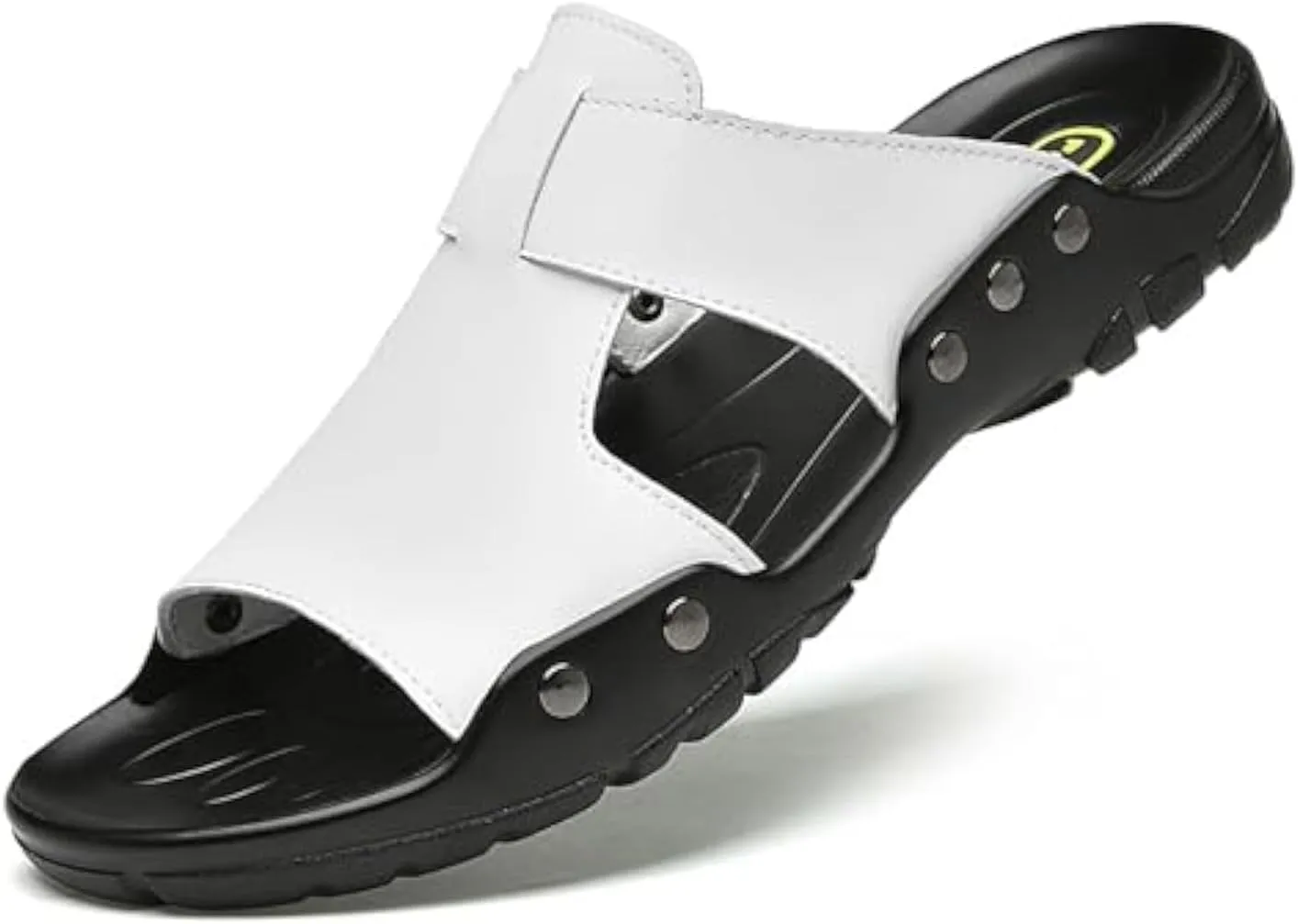 Men's Genuine Leather Rivet Slip On Flat Sandals Classic Retro Round Open Toe Slip On Soft Sole Male Sandals Summer Casual Dressy Sandals