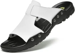 Men's Genuine Leather Rivet Slip On Flat Sandals Classic Retro Round Open Toe Slip On Soft Sole Male Sandals Summer Casual Dressy Sandals
