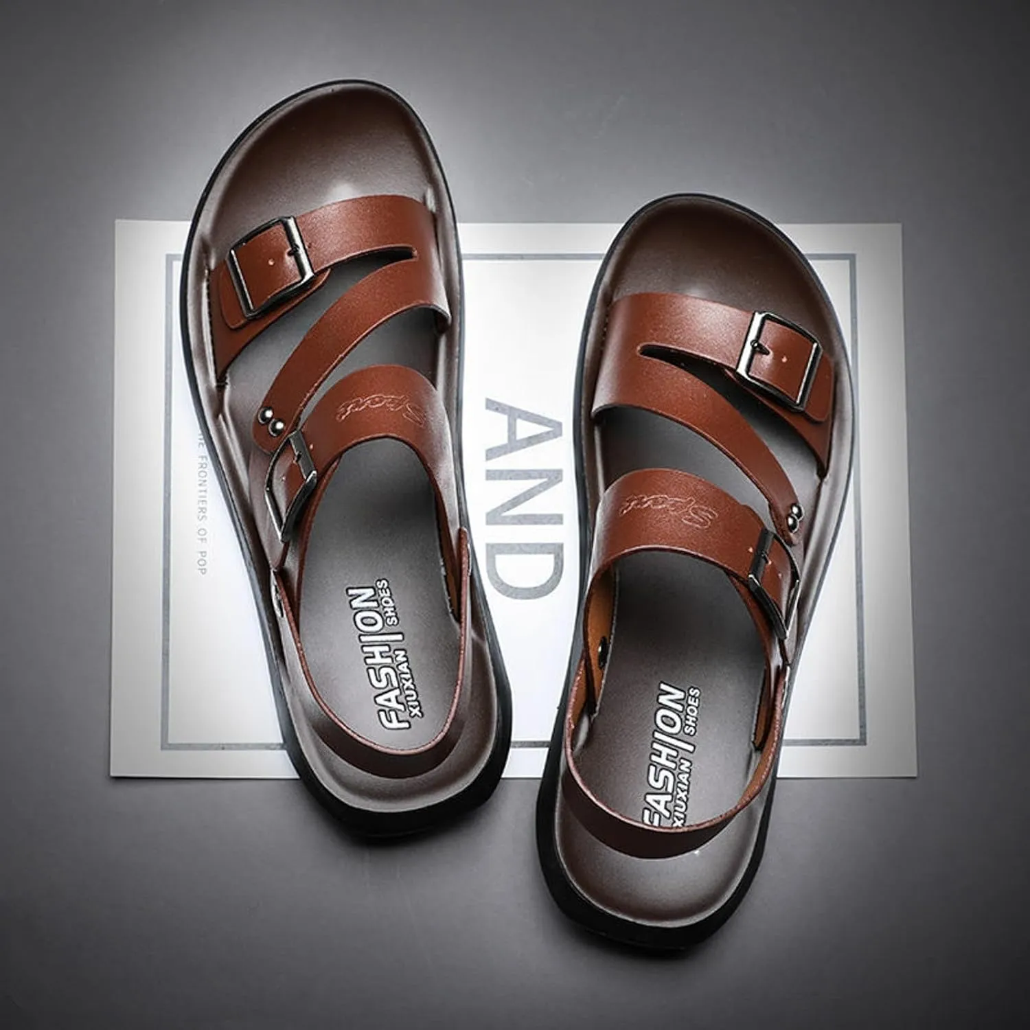 Men's Leather Buckle Sandals Casual Flat Walking Shoes with Adjustable Dual use Ankle Straps Non-Slip Comfy Beach Sandals