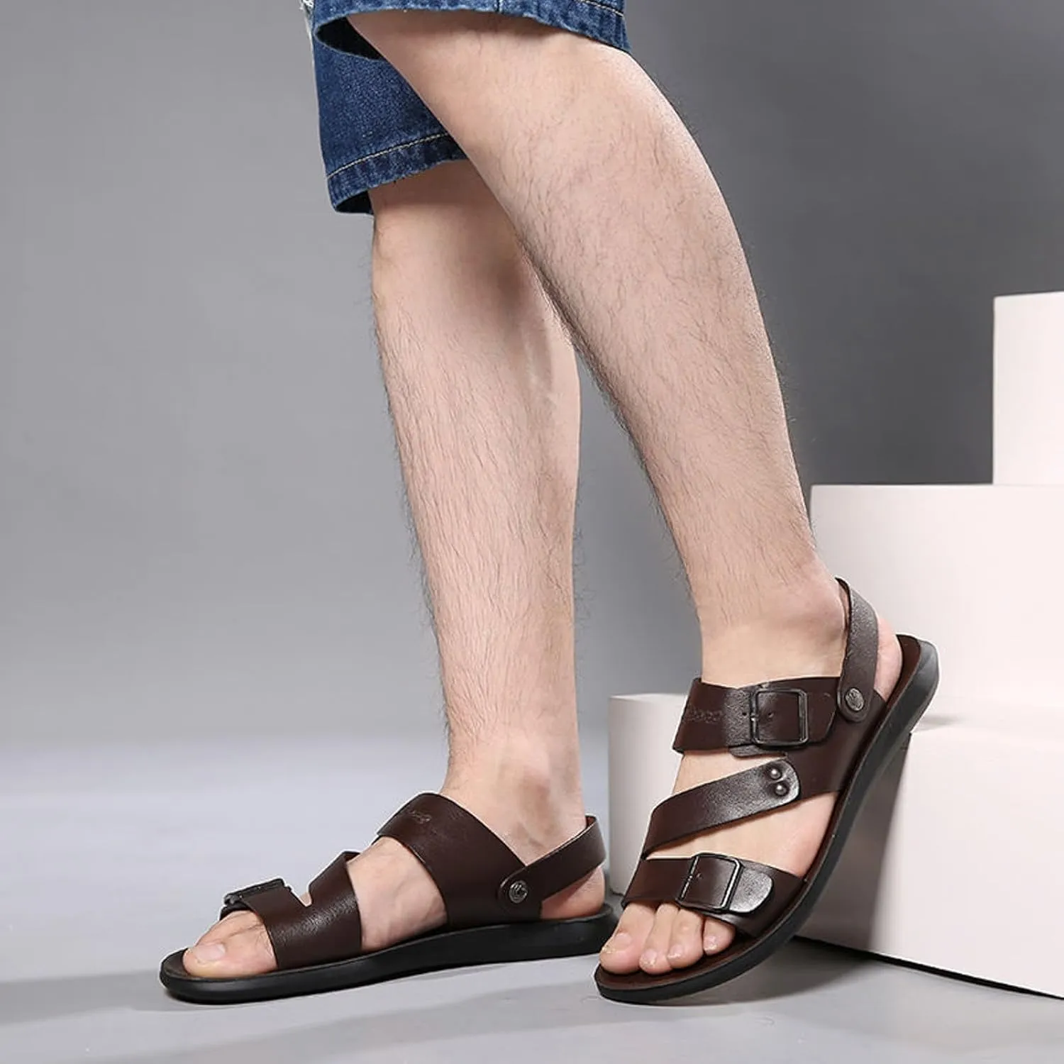 Men's Leather Buckle Sandals Casual Flat Walking Shoes with Adjustable Dual use Ankle Straps Non-Slip Comfy Beach Sandals