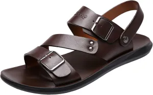 Men's Leather Buckle Sandals Casual Flat Walking Shoes with Adjustable Dual use Ankle Straps Non-Slip Comfy Beach Sandals
