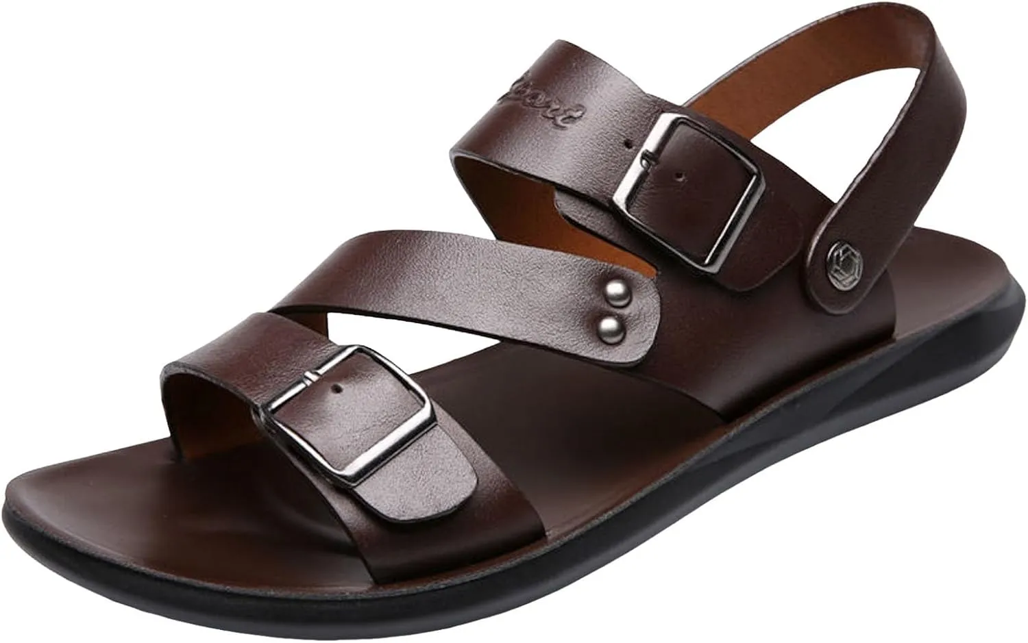 Men's Leather Buckle Sandals Casual Flat Walking Shoes with Adjustable Dual use Ankle Straps Non-Slip Comfy Beach Sandals