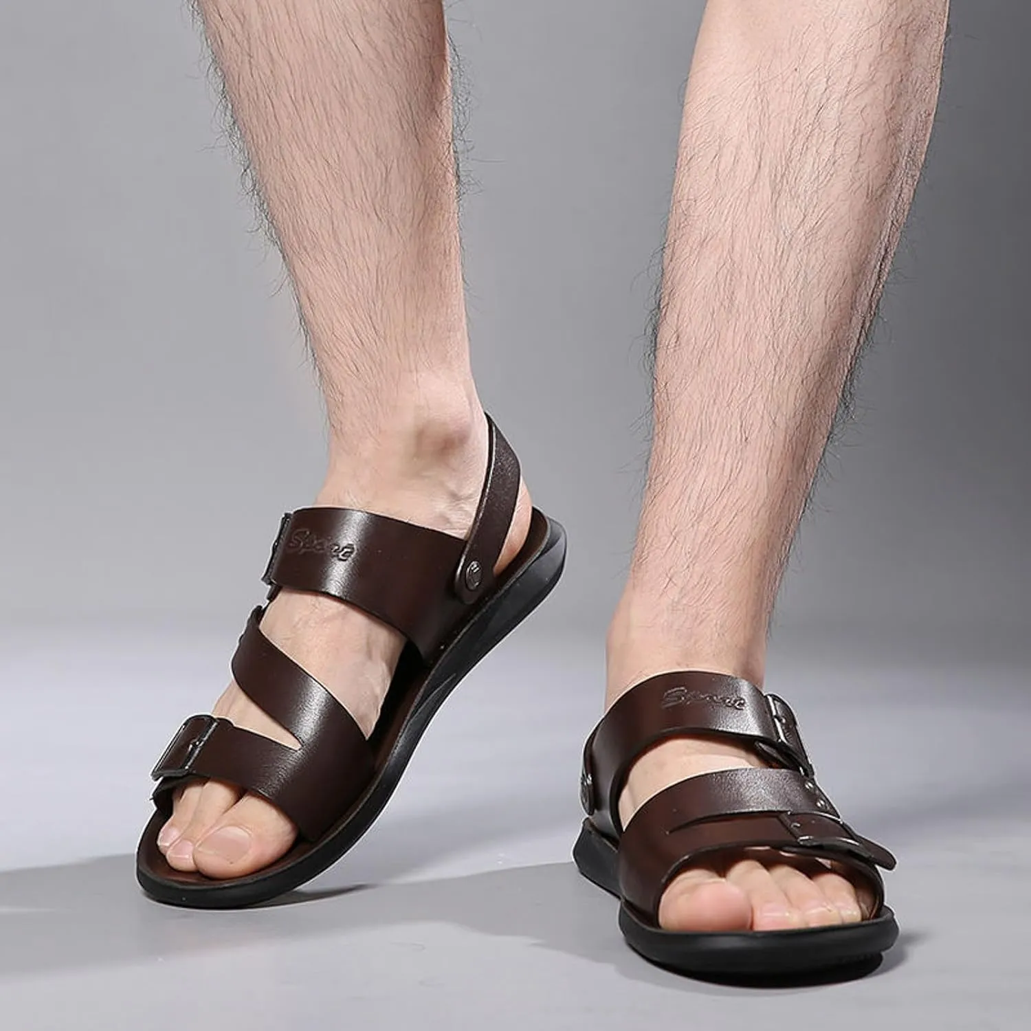 Men's Leather Buckle Sandals Casual Flat Walking Shoes with Adjustable Dual use Ankle Straps Non-Slip Comfy Beach Sandals