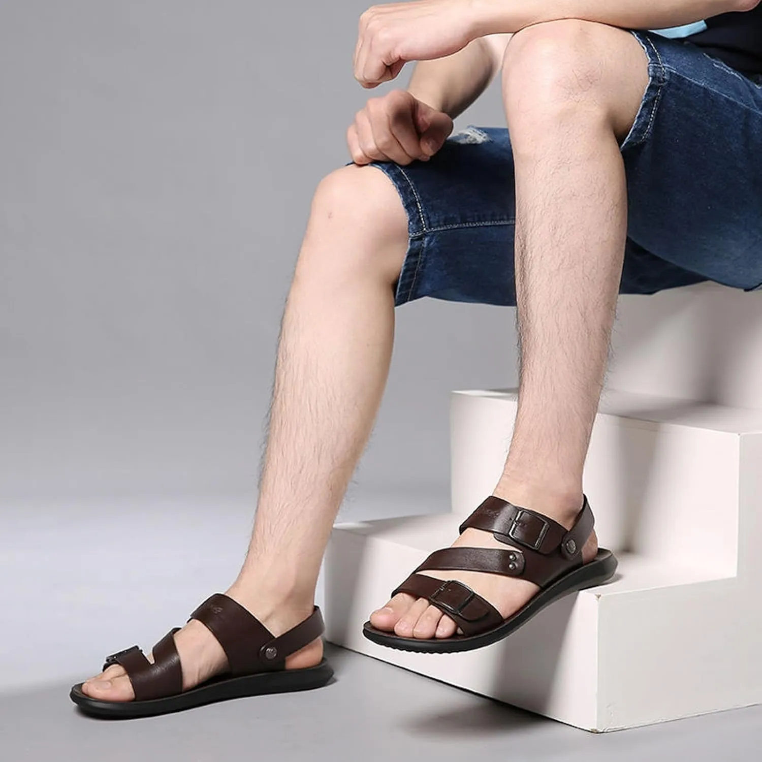 Men's Leather Buckle Sandals Casual Flat Walking Shoes with Adjustable Dual use Ankle Straps Non-Slip Comfy Beach Sandals