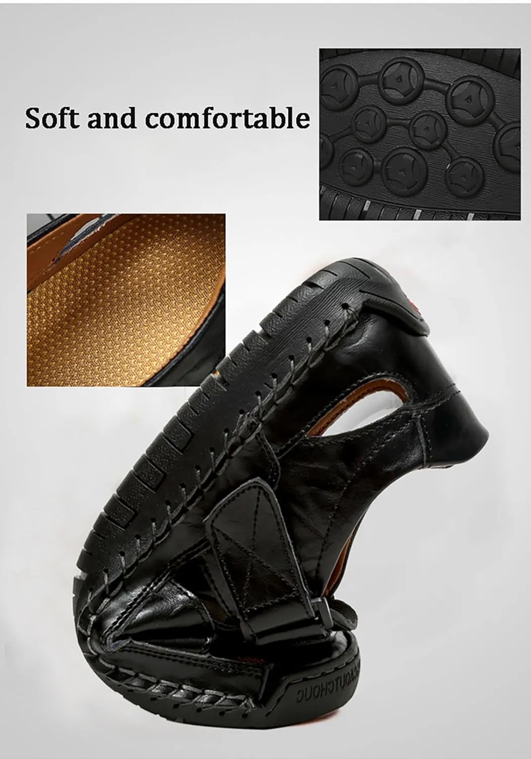 Men's Leather Hollow Out Hook Loop Flat Fisherman Sandals Closed Toe Head Soft Bottom Wading Sandals