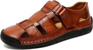 Men's Leather Hollow Out Hook Loop Flat Fisherman Sandals Closed Toe Head Soft Bottom Wading Sandals
