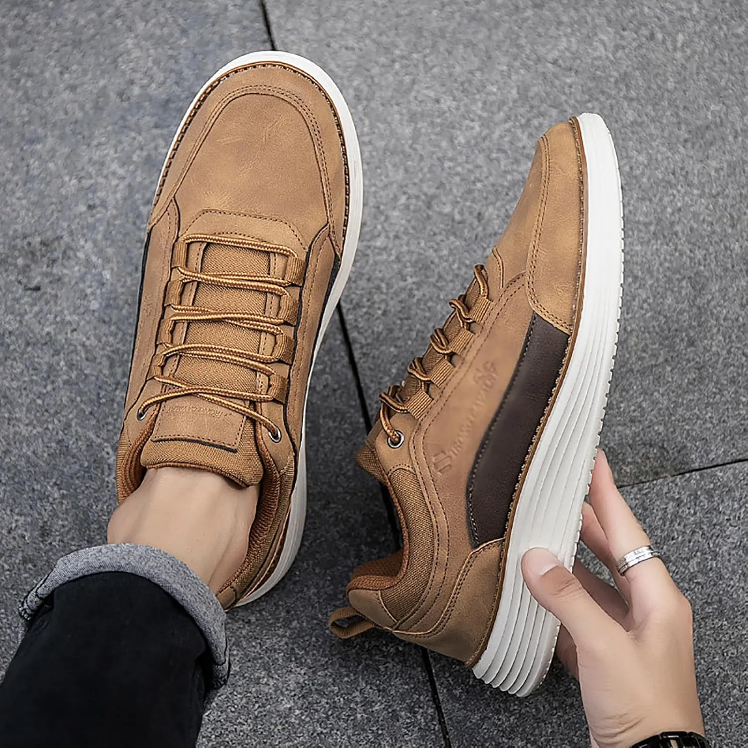 Men's Leather Lace-up Fashion Sneakers,Classic Breathable Comfortable Slip-on Non Slip Business Oxford Dress Shoes