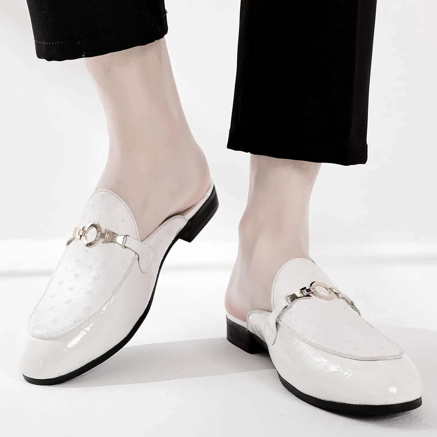 Men's Slip-on Mule Sandals Loafer with Gold Buckle,Fashion Leather Formal Wear Casual Backless Dress Slippers