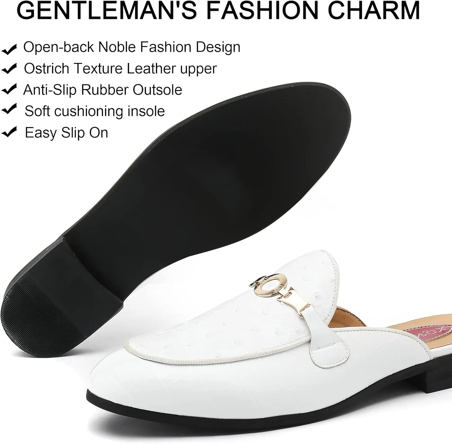 Men's Slip-on Mule Sandals Loafer with Gold Buckle,Fashion Leather Formal Wear Casual Backless Dress Slippers