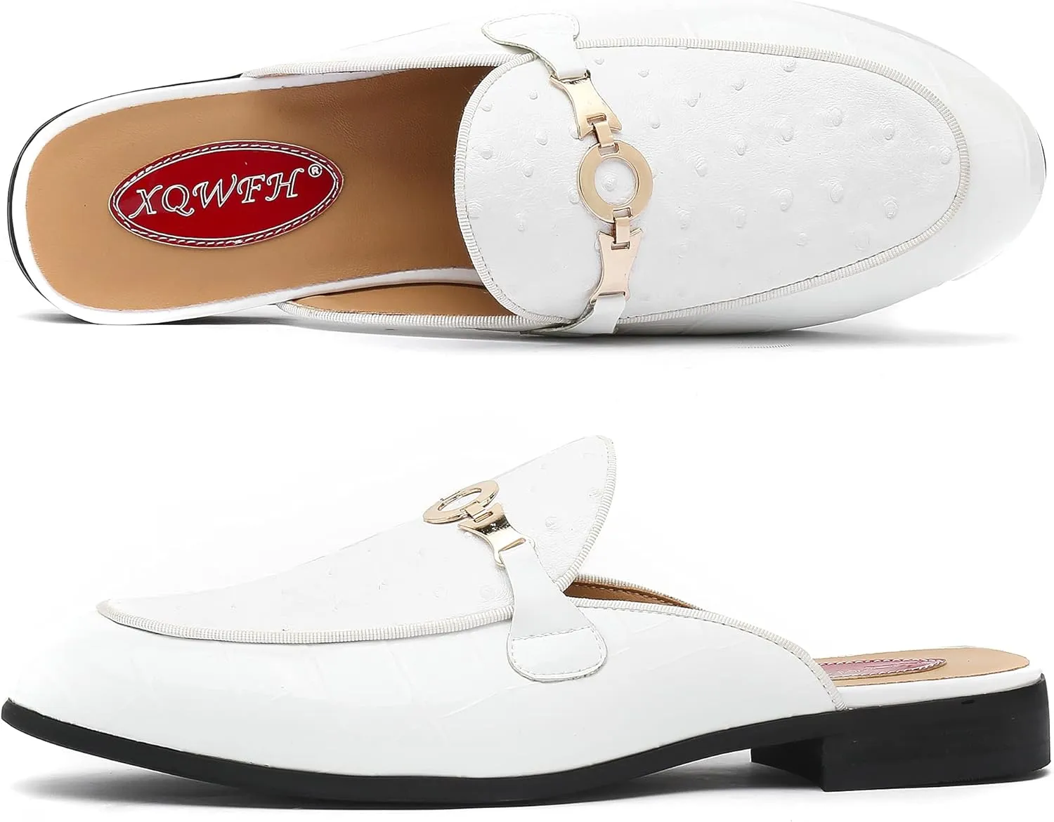 Men's Slip-on Mule Sandals Loafer with Gold Buckle,Fashion Leather Formal Wear Casual Backless Dress Slippers