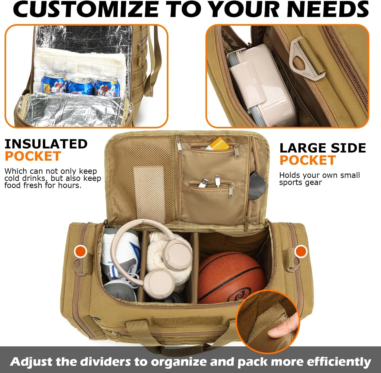 Men's Sneaker Bag for Travel 45L Sports Gym Duffle Bag with 2 adjustable Dividers & Shoulder Strap