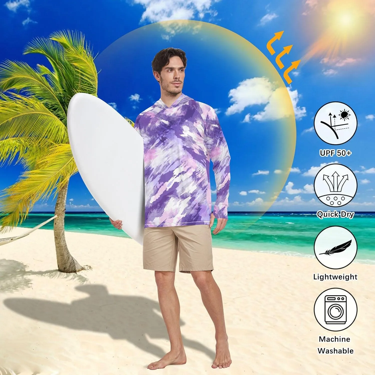 Men's Sun Protection Hoodie Long Sleeve Tie Dye Mens Sun Shirts UPF 50 Sun Hoodies Rash Guard with Hood