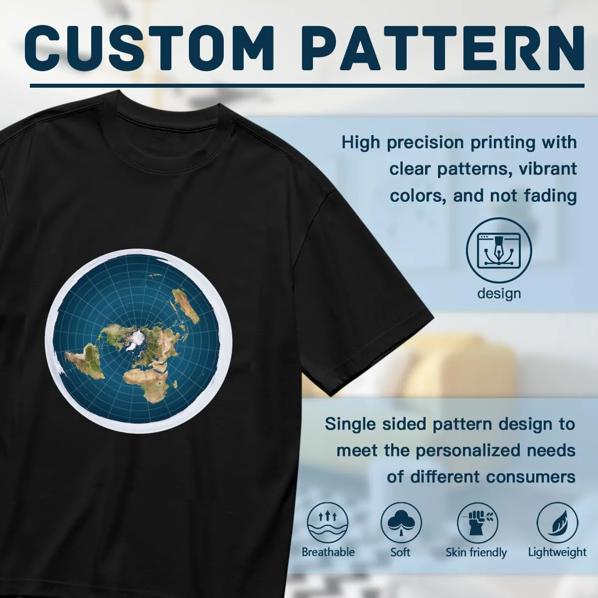 Men's T-Shirts,Flat Earth,Stylish Raglan Tee Natural Fiber T Shirt Unique Print Tee