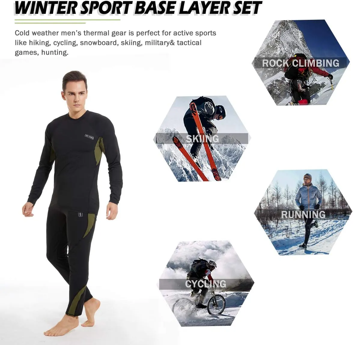 Men’s Thermal Underwear Set, Winter Fleece Lined Sport Long Johns Base Layer Quick Drying Thermo for Hunting Skiing