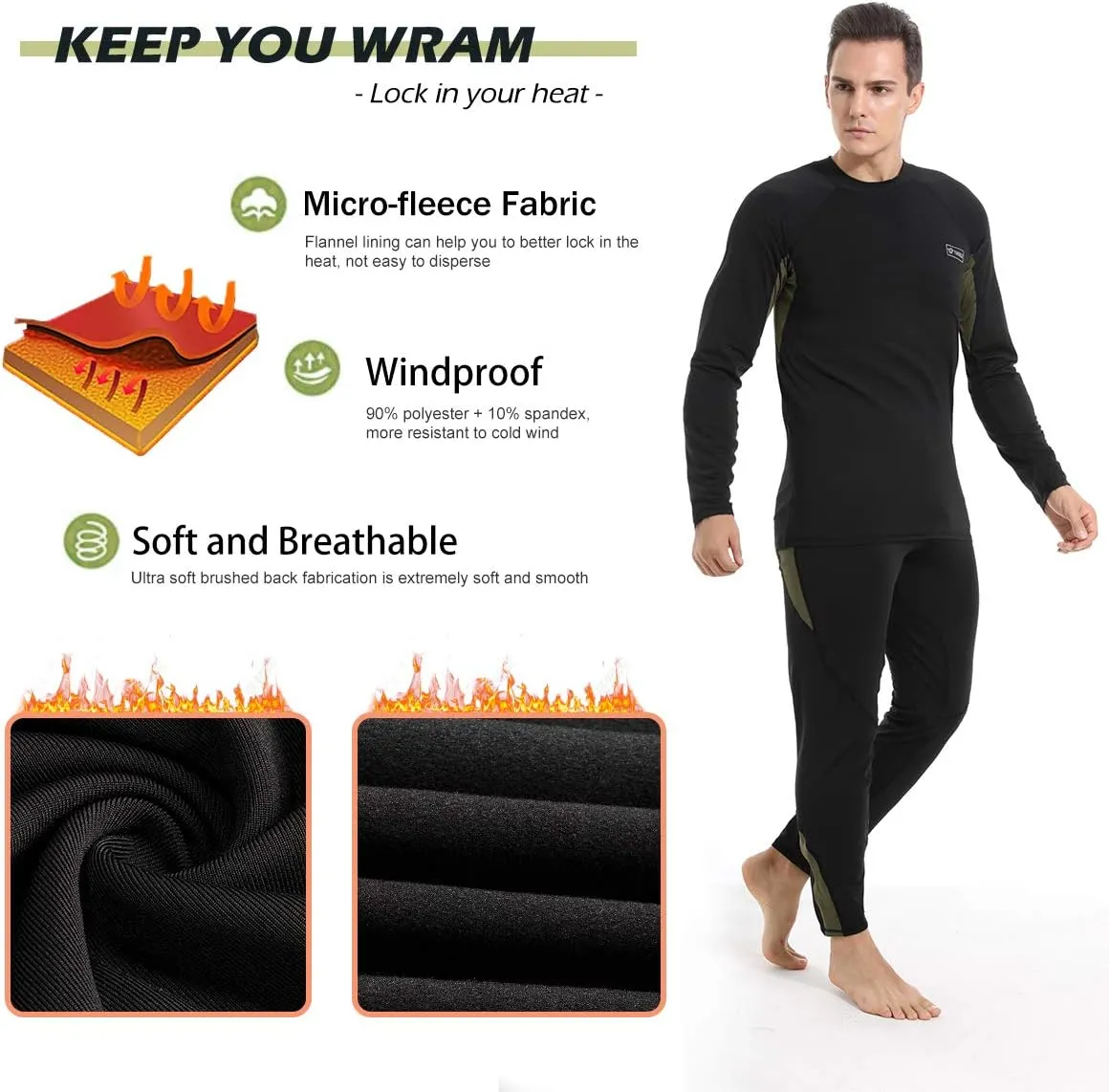 Men’s Thermal Underwear Set, Winter Fleece Lined Sport Long Johns Base Layer Quick Drying Thermo for Hunting Skiing