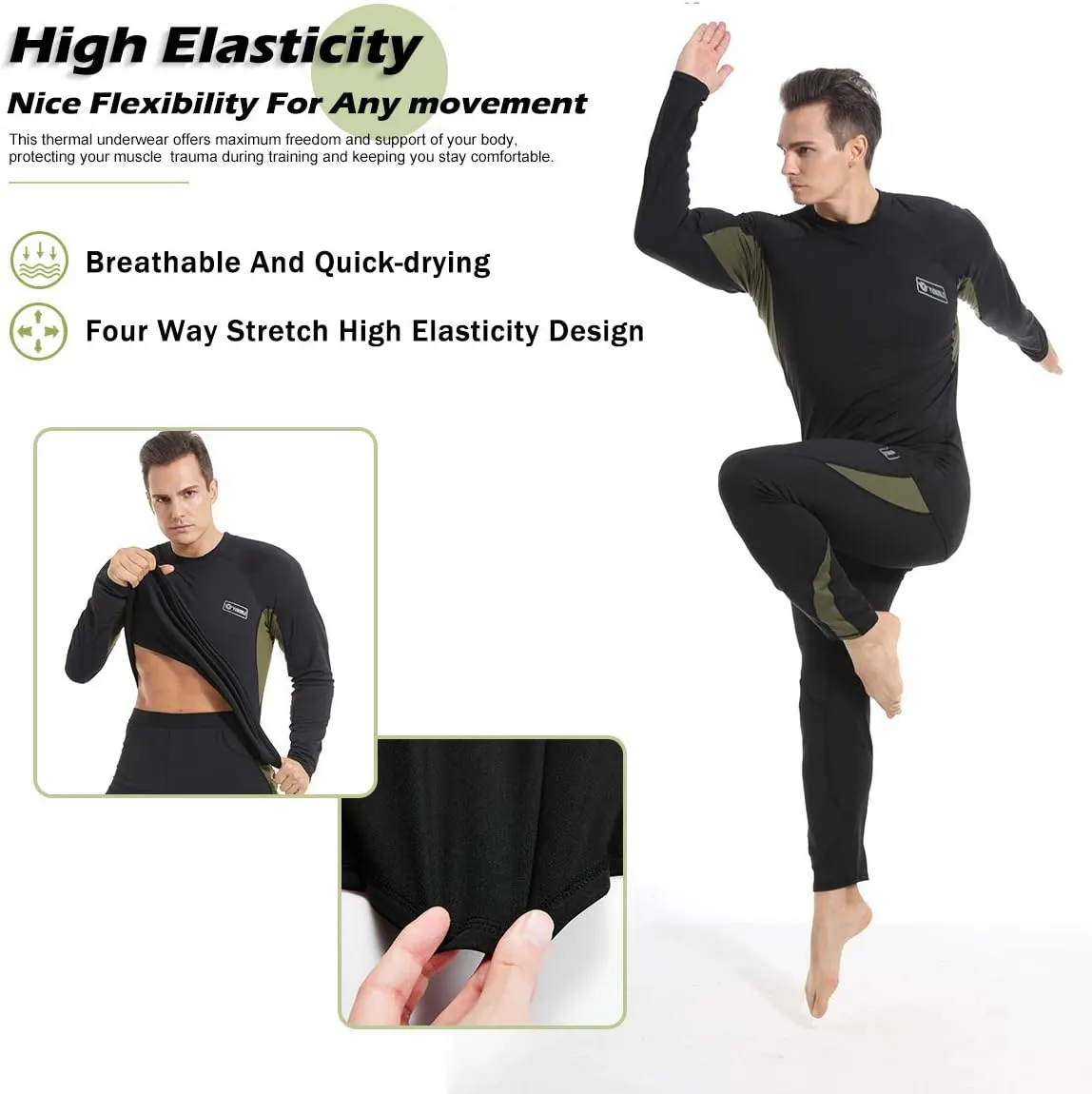 Men’s Thermal Underwear Set, Winter Fleece Lined Sport Long Johns Base Layer Quick Drying Thermo for Hunting Skiing