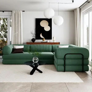 Merax L-Shaped Modular Sofa Bed in Corduroy Fabric, Convertible Sleeper Sofa Bed, 4 Seat Floor Couch for Living Rooms and Apartments, No Assembly Required, Green