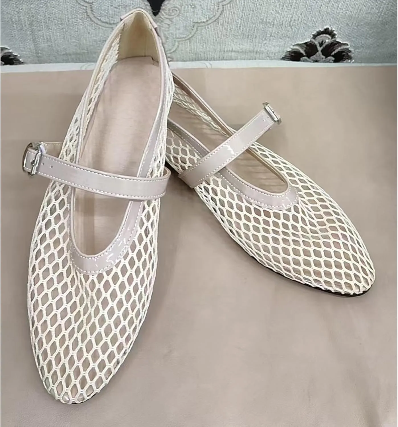 Mesh Ballet Flats for Women Buckle Strap Comfy Casual Office Fishnet Ballerina Flat Shoes Office Summer Ballerina Shoes
